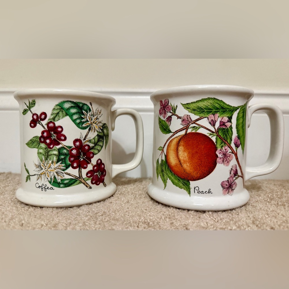 Vintage Lauffer Stoneware Botanical Coffee and Peach Design Mugs